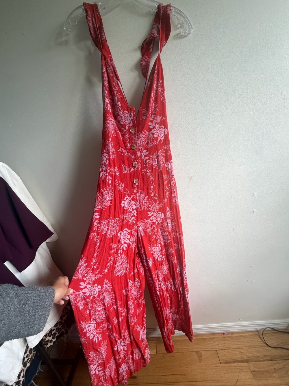 Free People Red Floral Button-Front Wide-Leg Jumpsuit - Picture 2 of 7